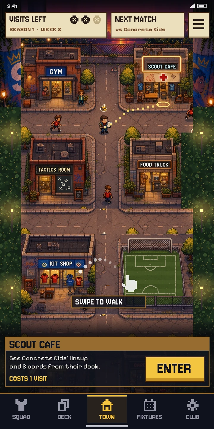 Concept art of the club hub on a phone: a pixel-art street with a gym, scout cafe, tactics room, food truck, kit shop and training pitch, with a swipe-to-walk hint and a Scout Cafe prompt